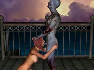 Une nana 3D suce une bite et se fait baiser par un zombie. Une rousse